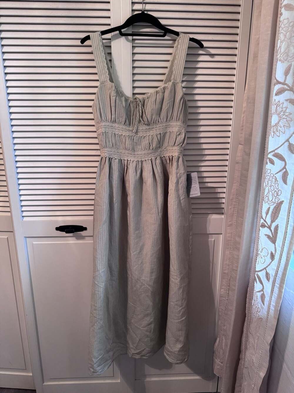 Lush Taupe Stripe Sleeveless Midi Dress with Lace Trim